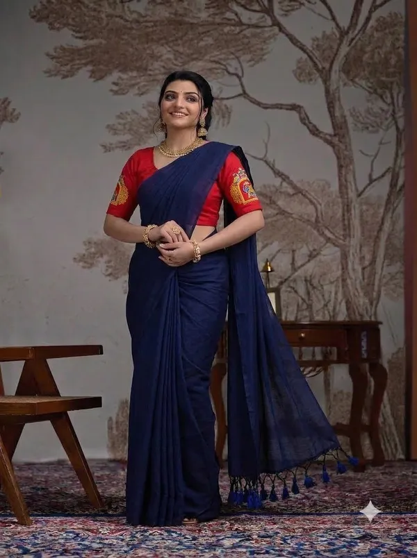 Navy_Blue_Saree_With_Red_Elephant_Peacock_Printed_Ready_To_Wear_Blouse