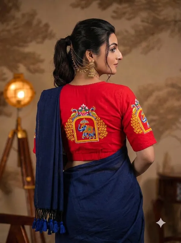 Navy_Blue_Saree_With_Red_Elephant_Peacock_Printed_Ready_To_Wear_Blouse