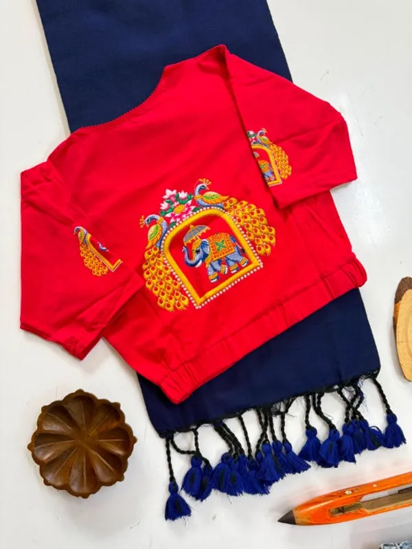 Navy_Blue_Saree_With_Red_Elephant_Peacock_Printed_Ready_To_Wear_Blouse