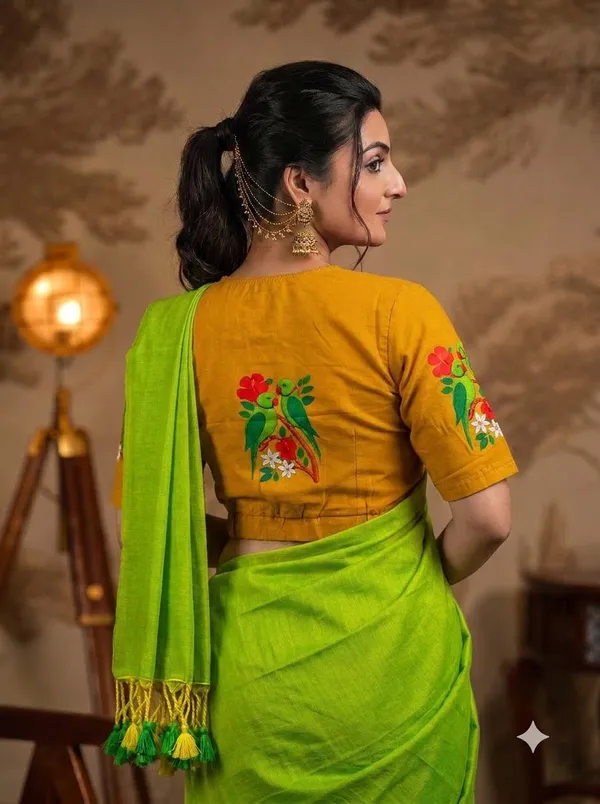 Lime_Green_Saree_With_Mustard_Parrot_Printed_Ready_To_Wear_Blouse