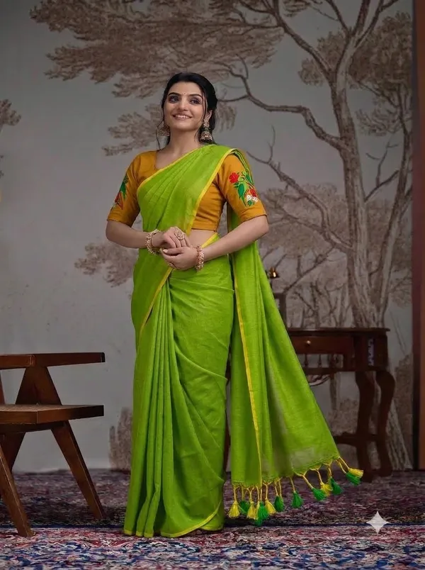 Lime_Green_Saree_With_Mustard_Parrot_Printed_Ready_To_Wear_Blouse