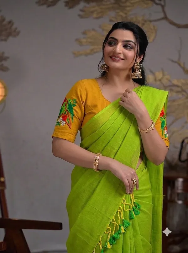 Lime_Green_Saree_With_Mustard_Parrot_Printed_Ready_To_Wear_Blouse