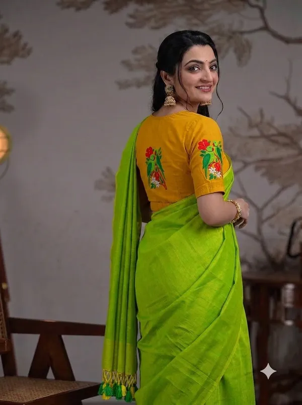Lime_Green_Saree_With_Mustard_Parrot_Printed_Ready_To_Wear_Blouse
