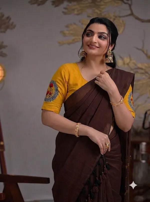 Chocolate_Brown_Saree_With_Mustard_Floral_Printed_Ready_To_Wear_Blouse