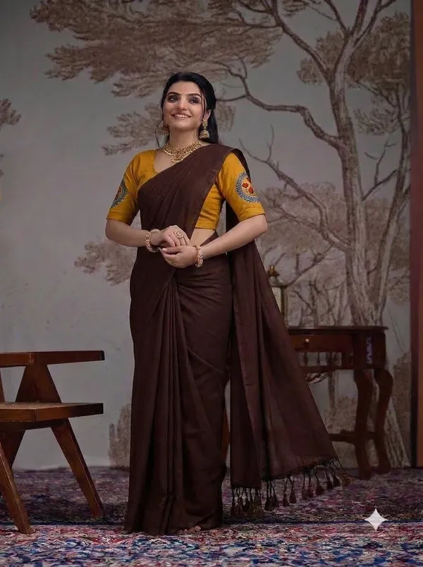 Chocolate_Brown_Saree_With_Mustard_Floral_Printed_Ready_To_Wear_Blouse