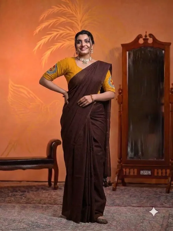 Chocolate_Brown_Saree_With_Mustard_Floral_Printed_Ready_To_Wear_Blouse