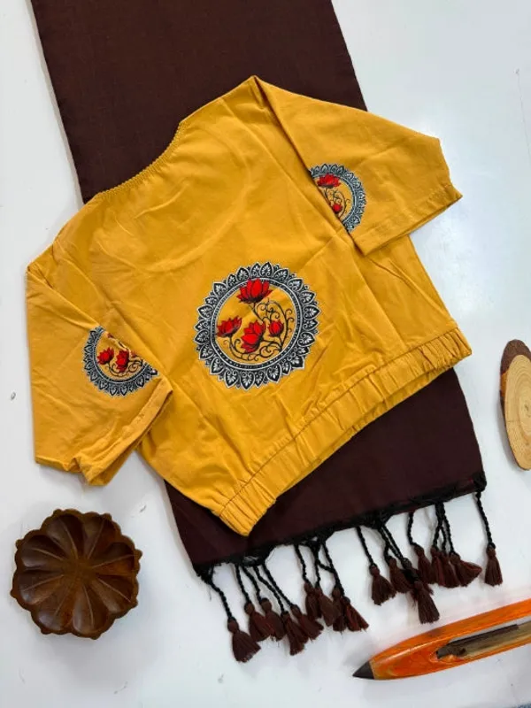 Chocolate_Brown_Saree_With_Mustard_Floral_Printed_Ready_To_Wear_Blouse