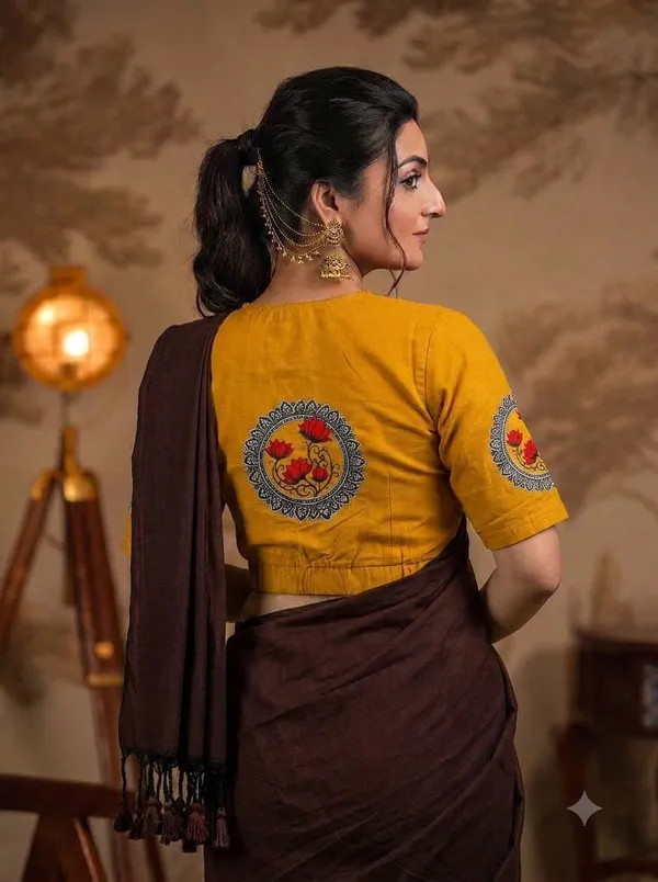 Chocolate_Brown_Saree_With_Mustard_Floral_Printed_Ready_To_Wear_Blouse