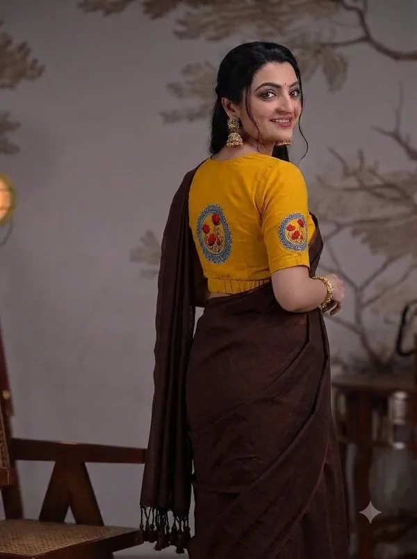 Chocolate_Brown_Saree_With_Mustard_Floral_Printed_Ready_To_Wear_Blouse