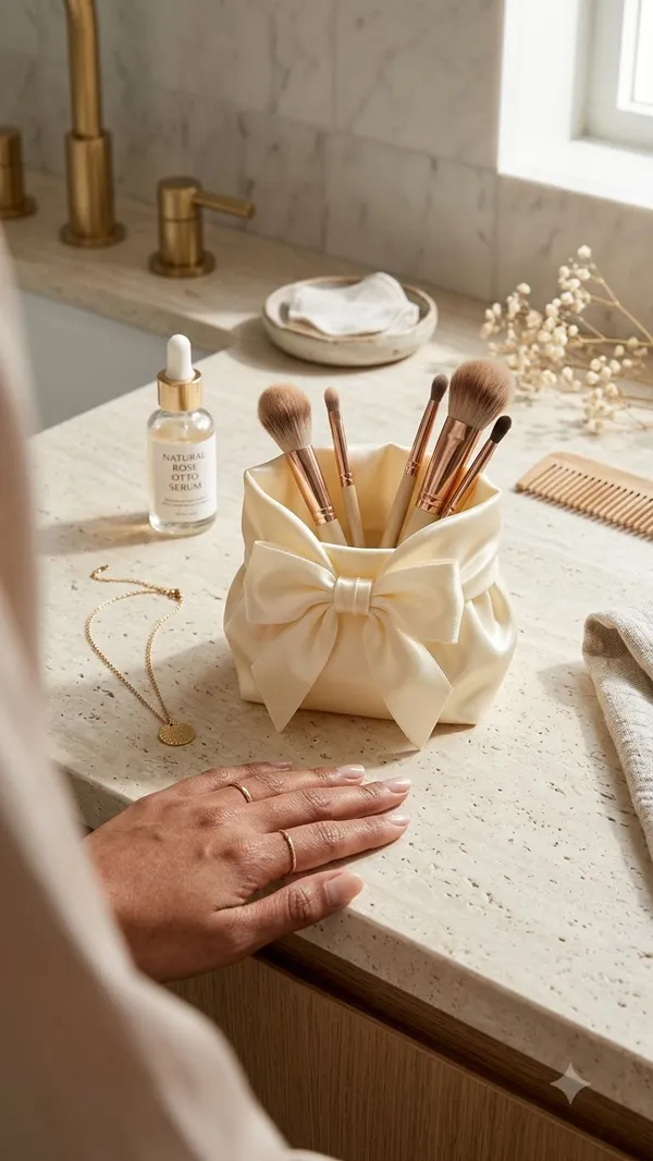 Cream_Satin_Bow_Makeup_Brush_Holder