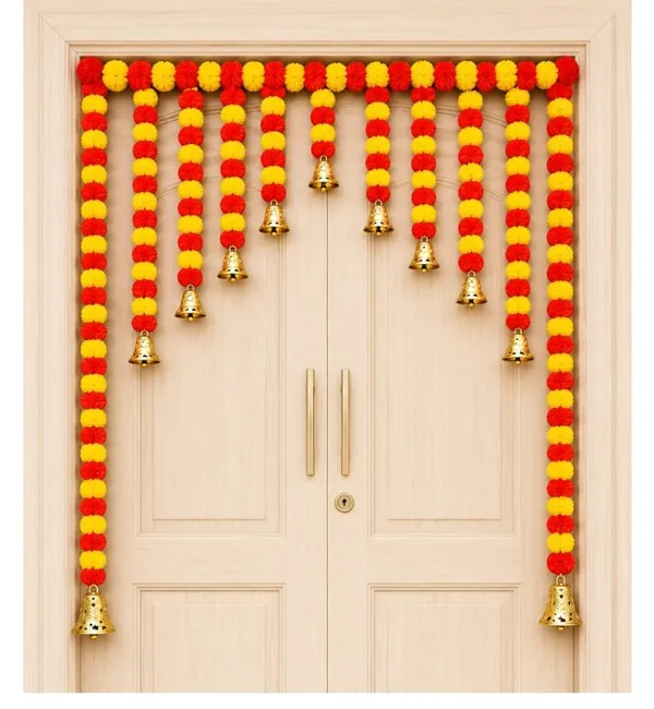 Fabric_Festive_Red_Yellow_Pom_Pom_Door_Toran_With_Bells