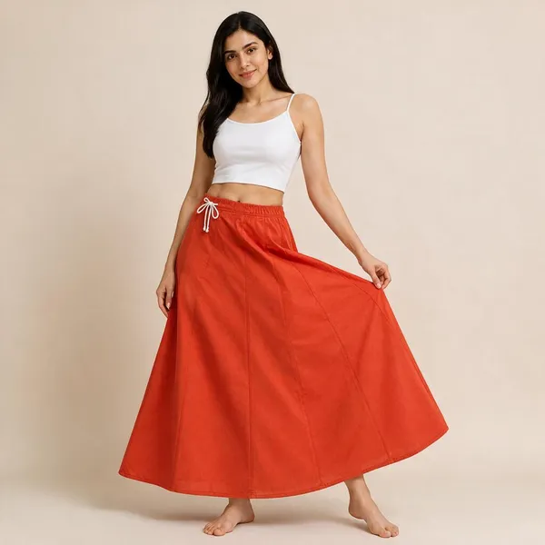 Orange_Drawstring_A-Line_Maxi_Skirt_For_Women