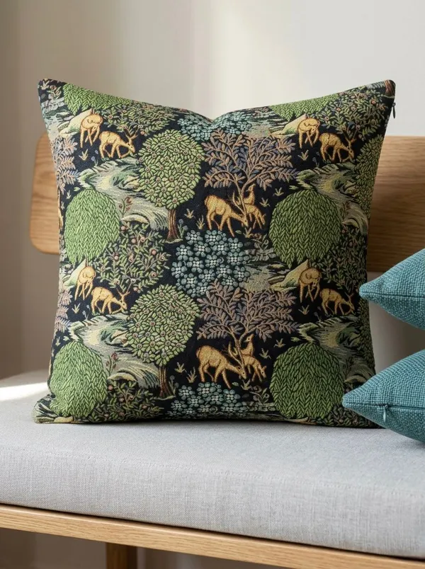 Jacquard_Forest_Deer_Print_Green_Cushion_Cover