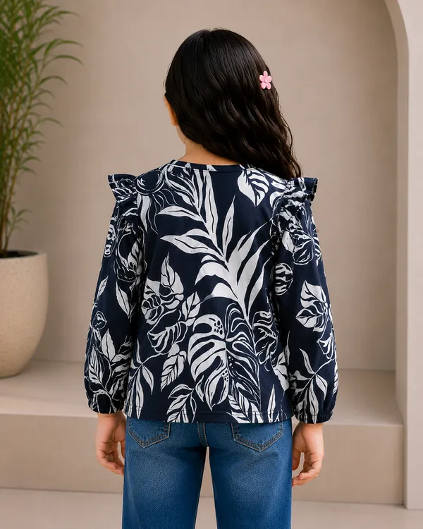 Navy_Floral_Print_Ruffle_Top_For_Girls