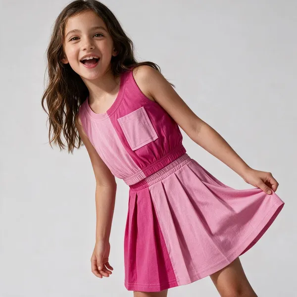 Girl_S_Color_Block_Crop_Top_With_Pleated_Flared_Skirt