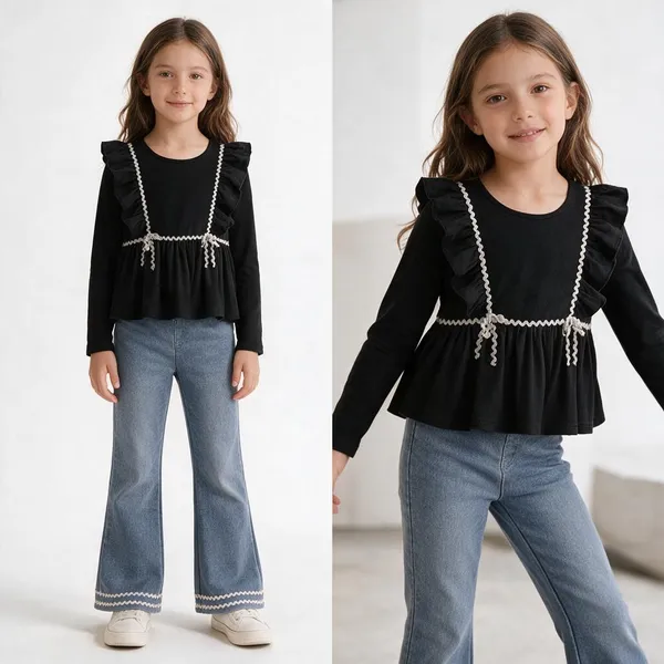 Cotton_Fit_And_Flare_Ruffle_Top_With_Cotton_Spandex_Denim_Bell_Bottom