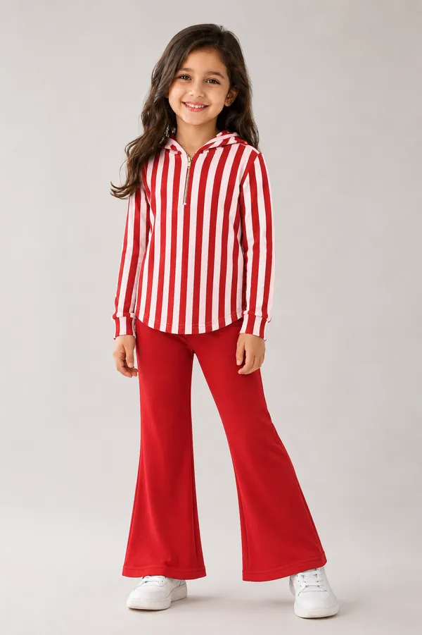 Red_Striped_Hoodie_And_Flared_Pants_Set_For_Girls