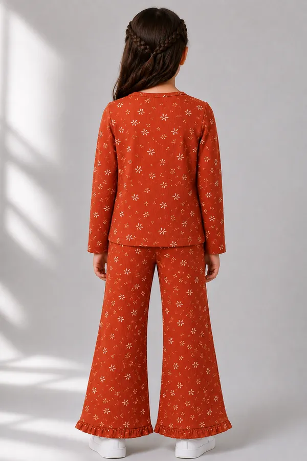 Rust_Floral_Print_Ruffle_Co_Ord_Set_For_Girls