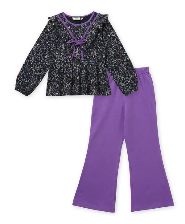 Black_Printed_Top_And_Purple_Flared_Pants_Set_For_Girls