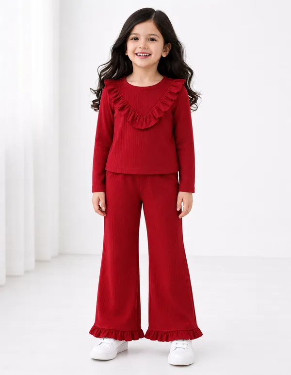 Red_Ruffled_Top_And_Flared_Pants_Set_For_Girls