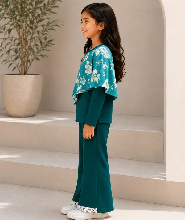 Teal_Floral_Print_Flared_Co_Ord_Set_For_Girls