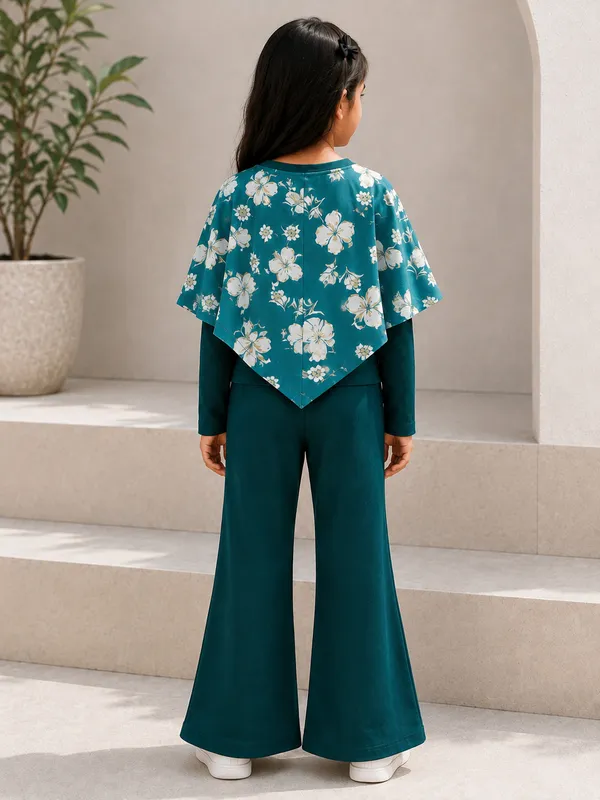 Teal_Floral_Print_Flared_Co_Ord_Set_For_Girls