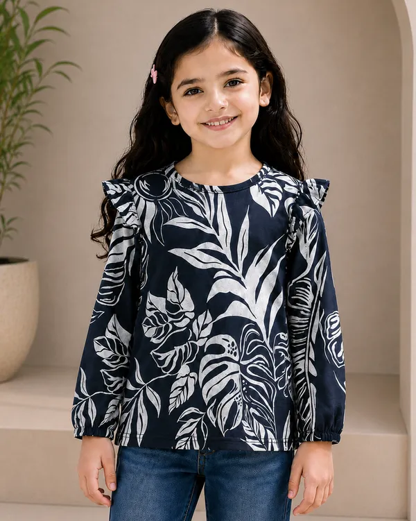 Navy_Floral_Print_Ruffle_Top_For_Girls