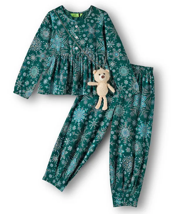 Floral_Printed_Fit_And_Flare_Kurti_Top_With_Pleated_Salwar_Pant_And_Toy_Teddy_Set