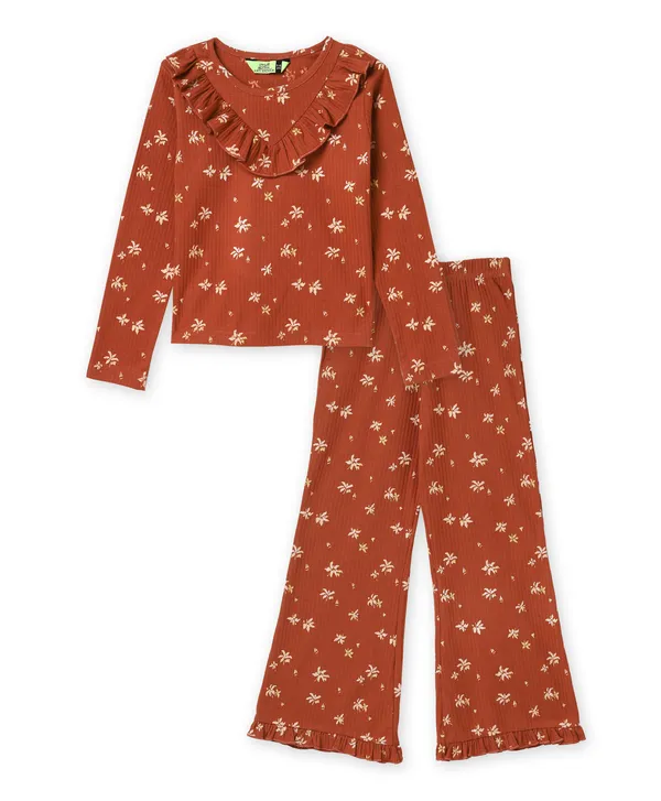 Rust_Floral_Print_Ruffle_Co_Ord_Set_For_Girls