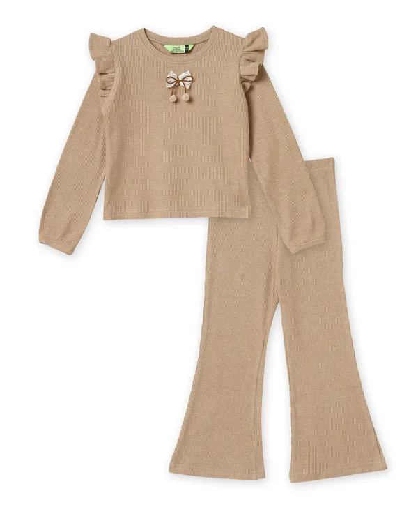 Beige_Ribbed_Ruffle_Top_And_Flared_Pants_Set_For_Girls