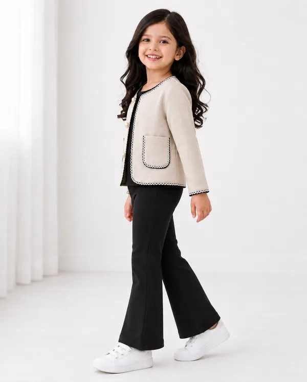 Beige_Woven_Button_Front_Blazer_Jacket_For_Girls