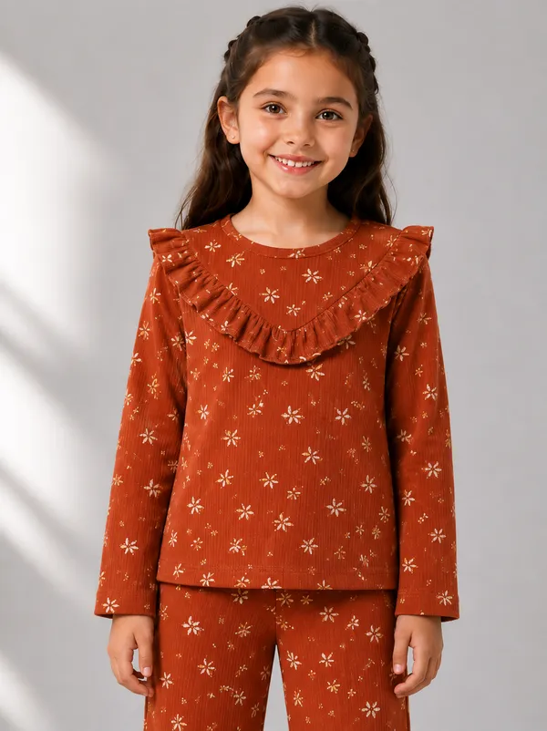 Rust_Floral_Print_Ruffle_Co_Ord_Set_For_Girls