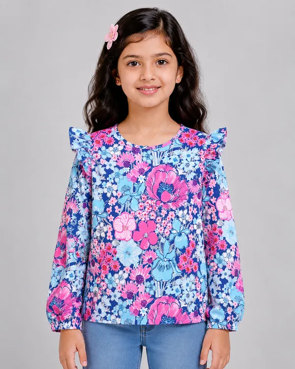 Blue_Cotton_Floral_Ruffle_Top_For_Girls