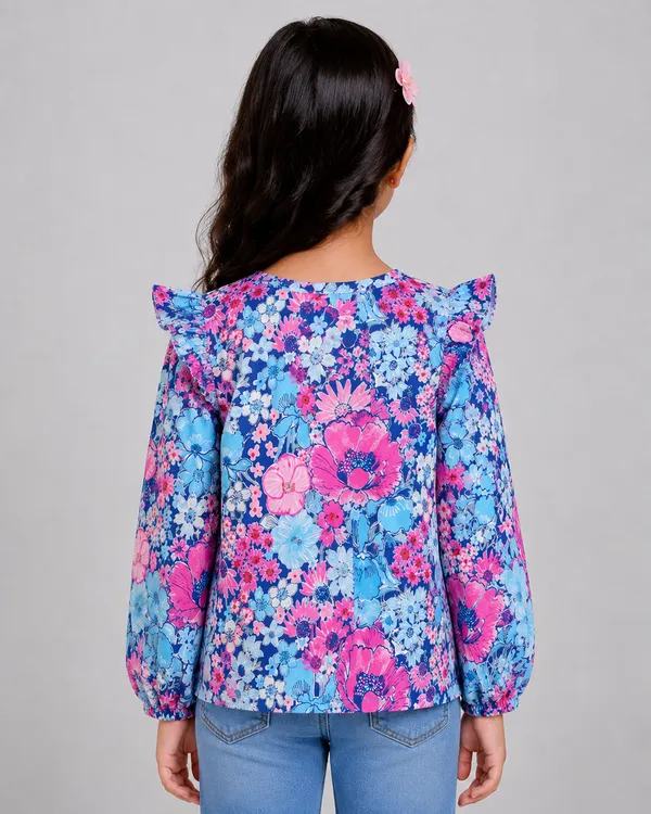 Blue_Cotton_Floral_Ruffle_Top_For_Girls