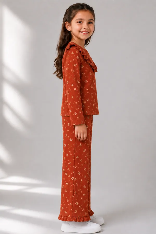 Rust_Floral_Print_Ruffle_Co_Ord_Set_For_Girls