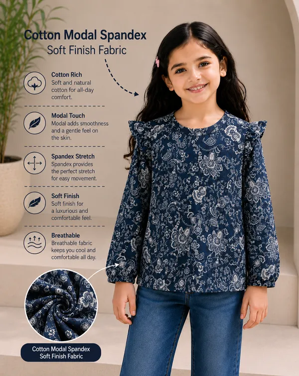 Navy_Floral_Print_Ruffle_Top_For_Girls