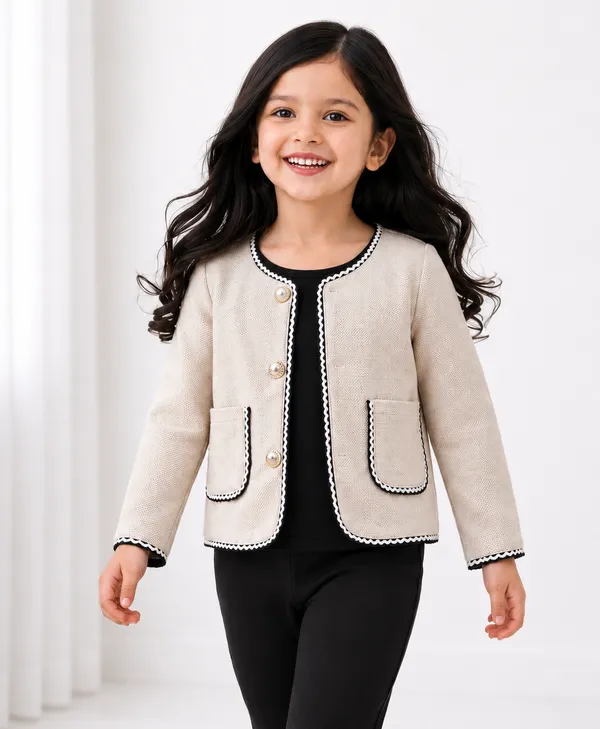 Beige_Woven_Button_Front_Blazer_Jacket_For_Girls