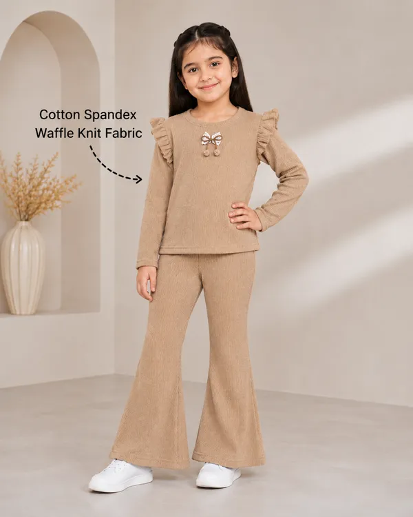 Beige_Ribbed_Ruffle_Top_And_Flared_Pants_Set_For_Girls