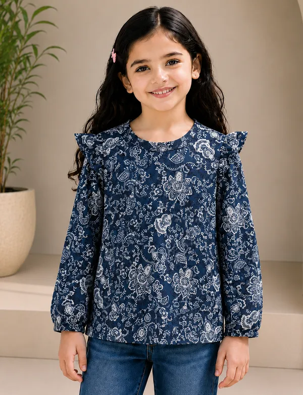 Navy_Floral_Print_Ruffle_Top_For_Girls