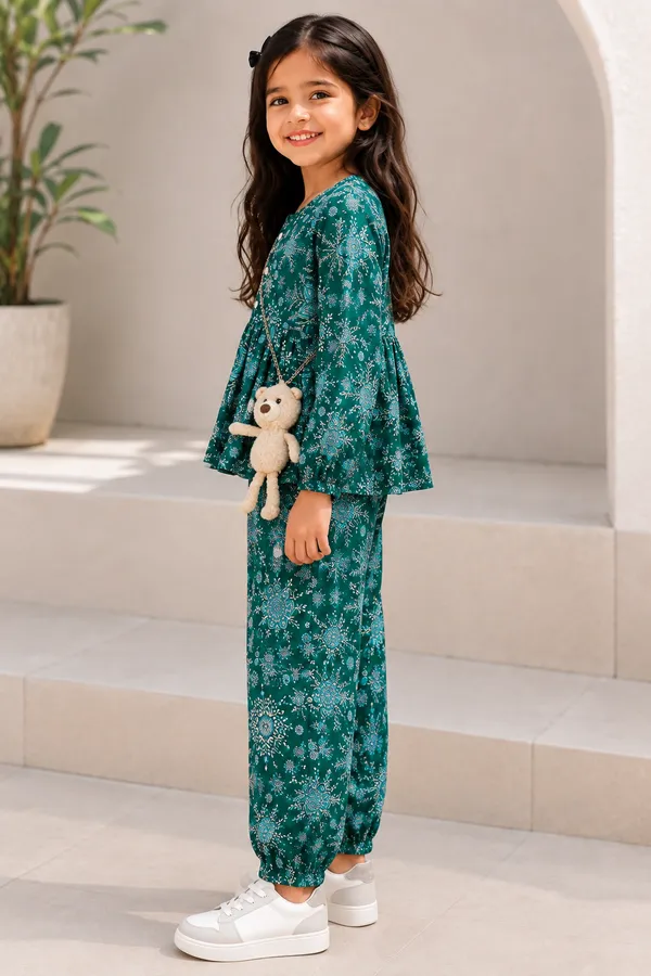 Floral_Printed_Fit_And_Flare_Kurti_Top_With_Pleated_Salwar_Pant_And_Toy_Teddy_Set