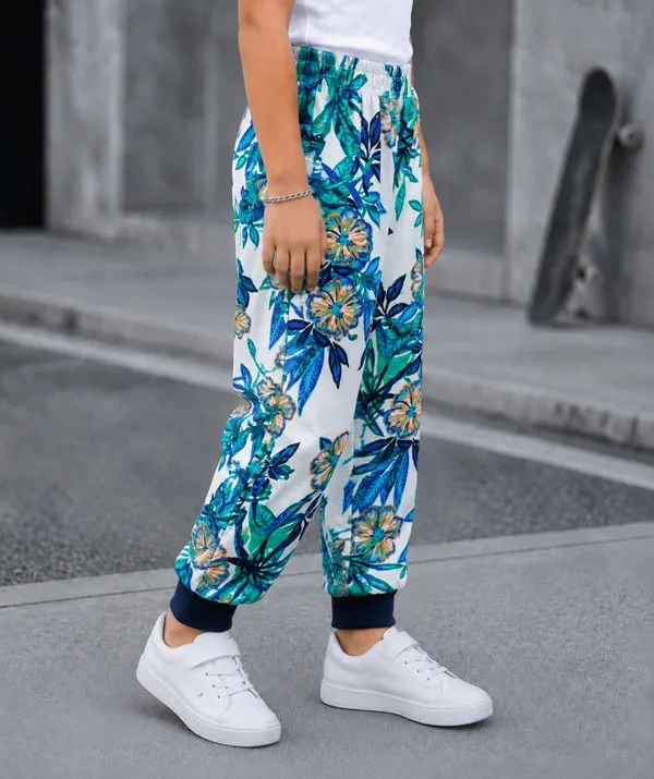White_Floral_Print_Jogger_Pants_For_Kids