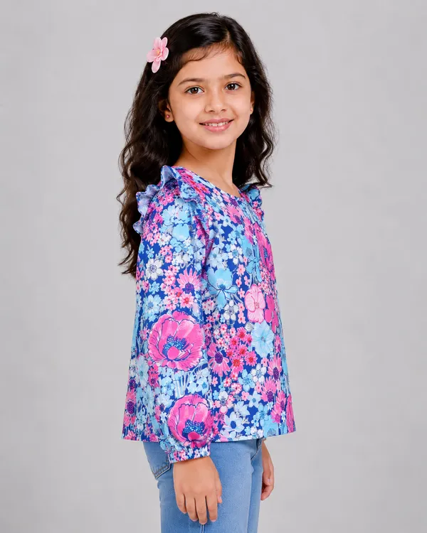 Blue_Cotton_Floral_Ruffle_Top_For_Girls
