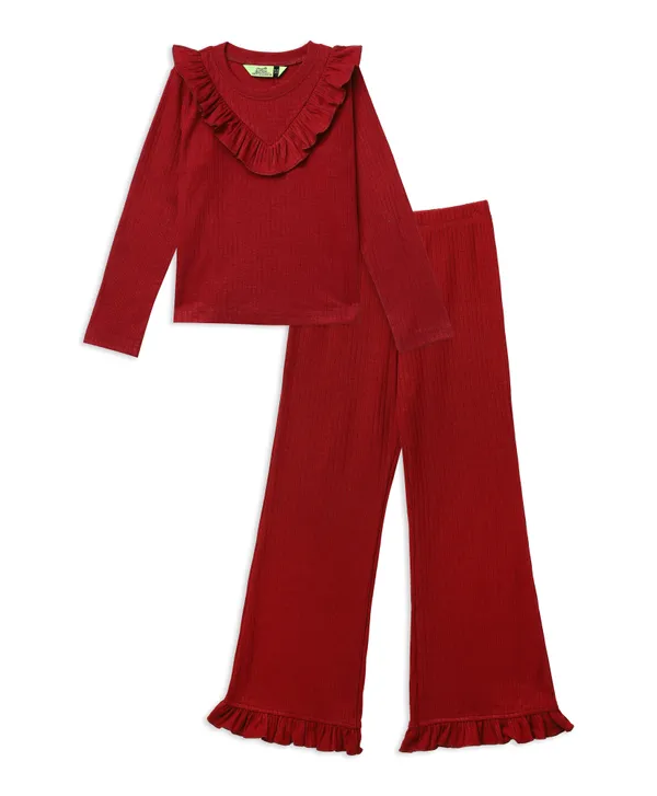 Red_Ruffled_Top_And_Flared_Pants_Set_For_Girls