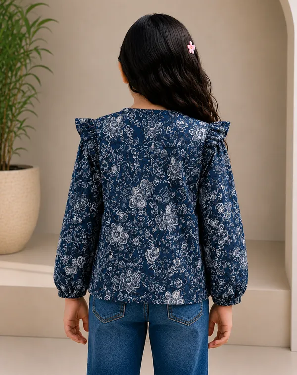Navy_Floral_Print_Ruffle_Top_For_Girls