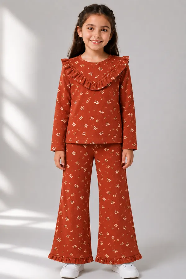 Rust_Floral_Print_Ruffle_Co_Ord_Set_For_Girls