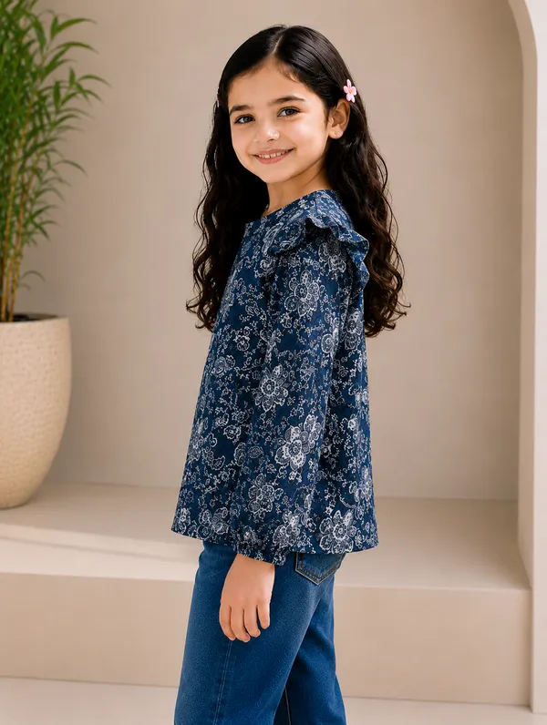 Navy_Floral_Print_Ruffle_Top_For_Girls