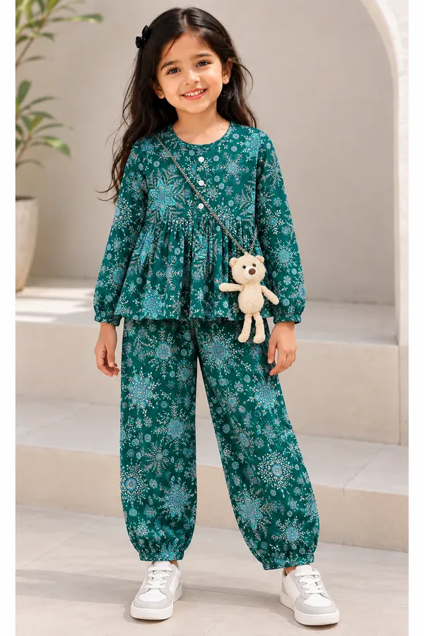 Floral_Printed_Fit_And_Flare_Kurti_Top_With_Pleated_Salwar_Pant_And_Toy_Teddy_Set