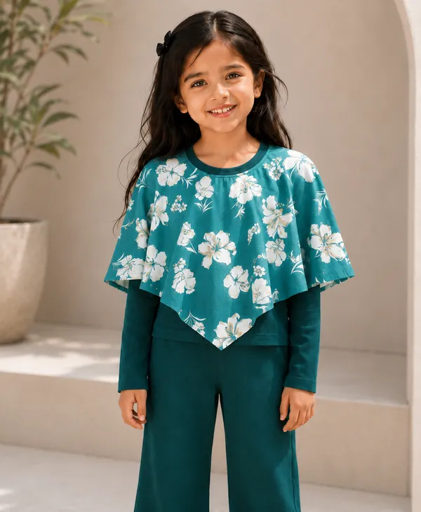 Teal_Floral_Print_Flared_Co_Ord_Set_For_Girls
