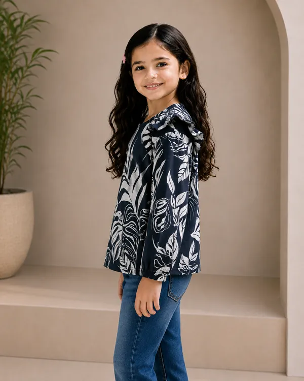Navy_Floral_Print_Ruffle_Top_For_Girls