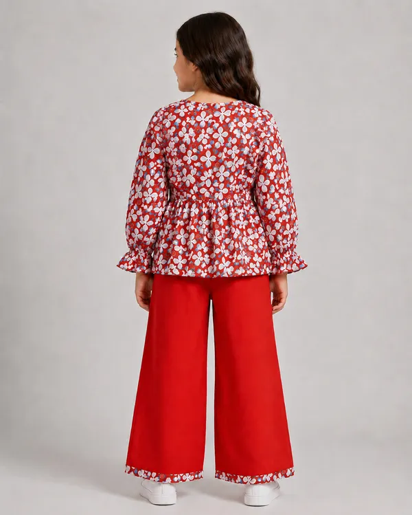 Red_Floral_Peplum_Top_And_Wide_Leg_Pants_Set_For_Girls
